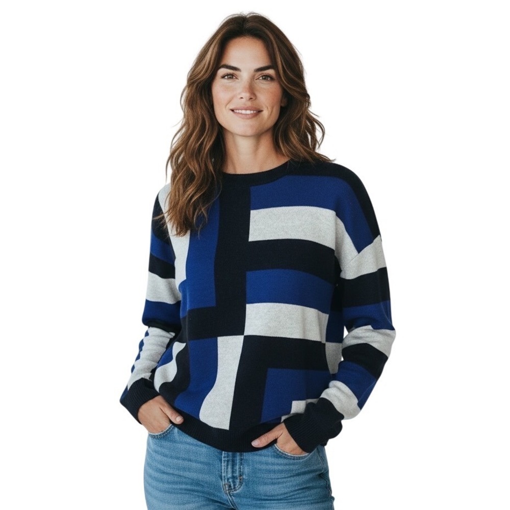 JONES NEW YORK SIGNATURE Geometric Colorblock Long Sleeve Sweater Womens L